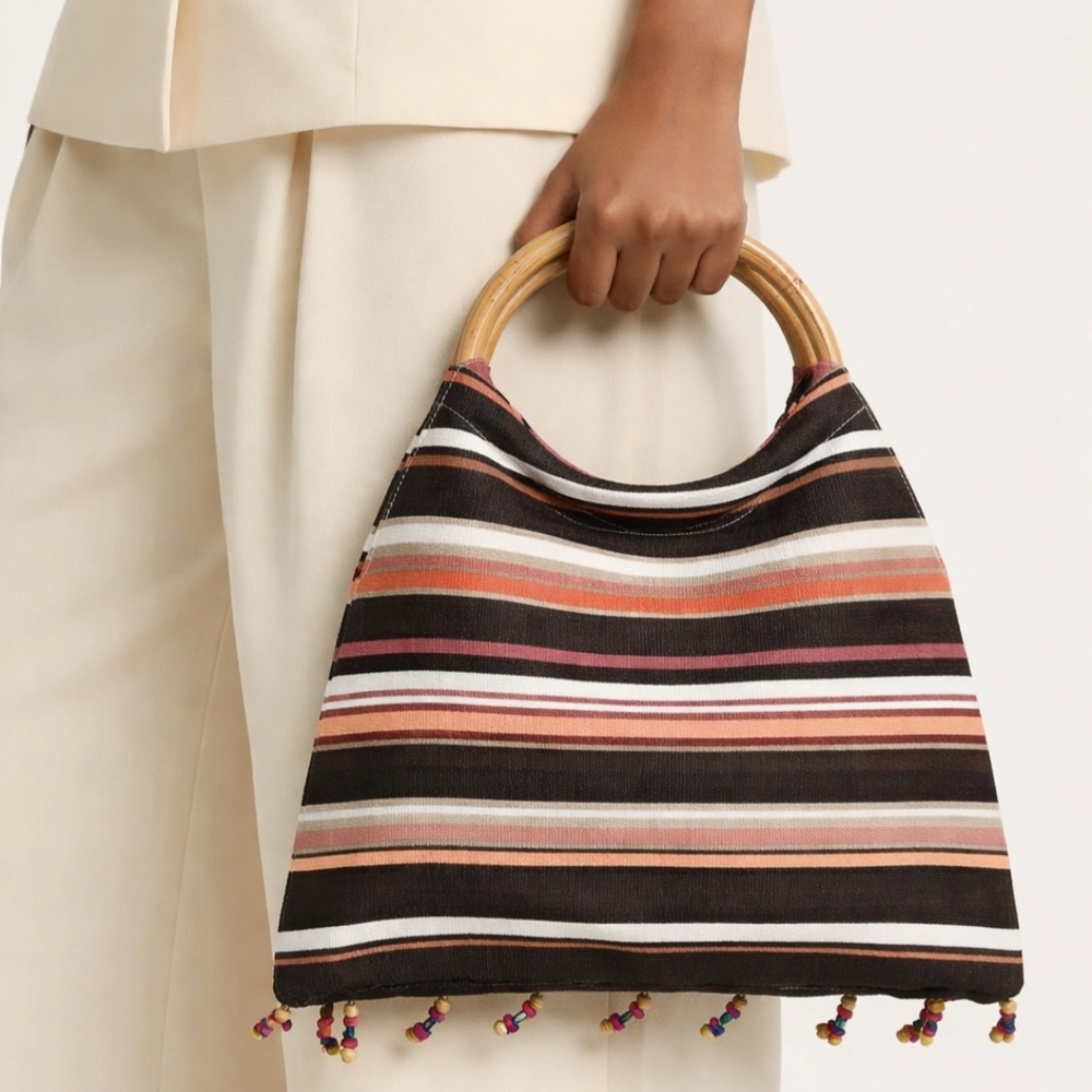 Old Navy Striped Multicolor Handbag with Wooden Handle